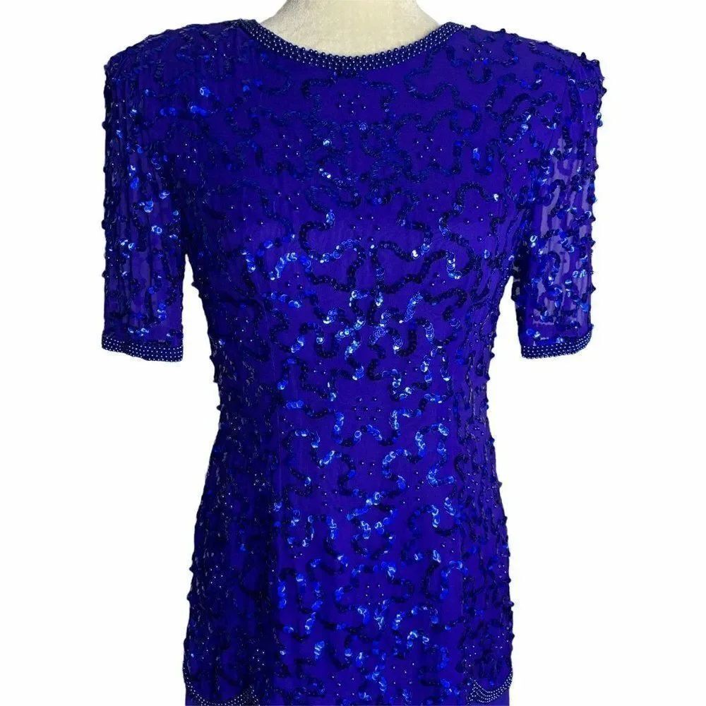 Vintage Sequin Beaded Evening Dress S Blue Silk